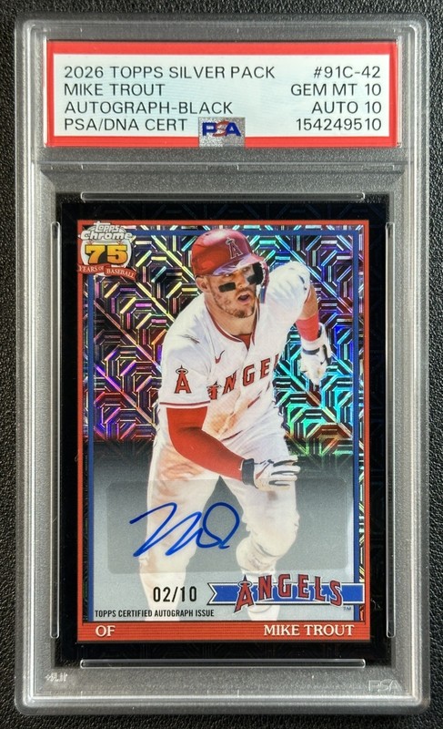 MIKE TROUT PSA 10 2026 TOPPS CHROME 1991 SILVER BLACK MOJO REFRACTOR AUTO 02/10