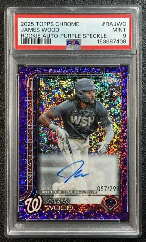 JAMES WOOD PSA 9 2025 TOPPS CHROME ROOKIE AUTO PURPLE SPECKLE REFRACTOR 57/299