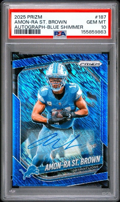 Amon-Ra St. Brown 2025 Panini Prizm #187 Blue Shimmer Auto /25 PSA 10