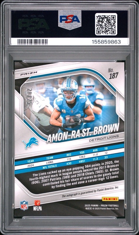 Amon-Ra St. Brown 2025 Panini Prizm #187 Blue Shimmer Auto /25 PSA 10 view 2