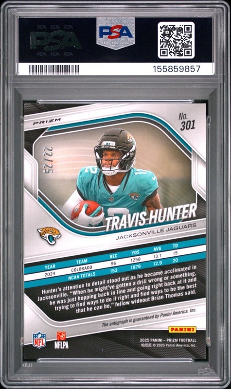 2025 Panini Prizm Travis Hunter Rookie  Camo /25 Auto  PSA 10 POP 1 ! view 2