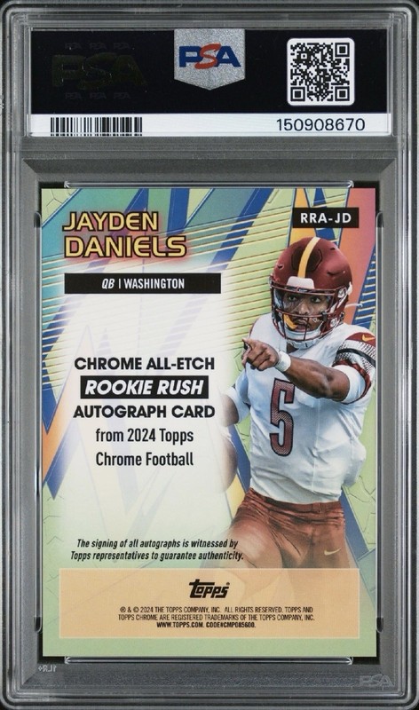 2024 Topps Chrome Jayden Daniels Rookie Rush Auto Aqua Ref #/199 PSA 10 Auto 9MT view 2