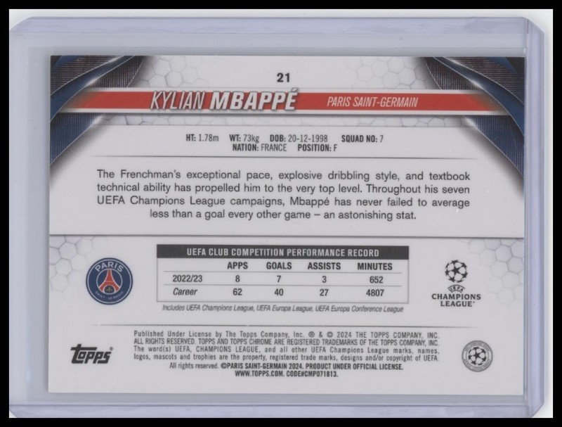 2023-24 TOPPS CHROME UEFA CLUB COMPETITIONS TOPPSFRACTOR KYLIAN MBAPPE /52 view 2