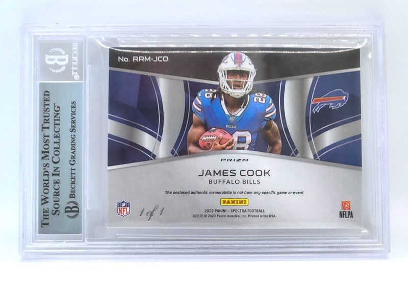 2022 Spectra James Cook Rising Rookie Gold Vinyl Dual NFL Shield Logoman Tag 1/1 view 2