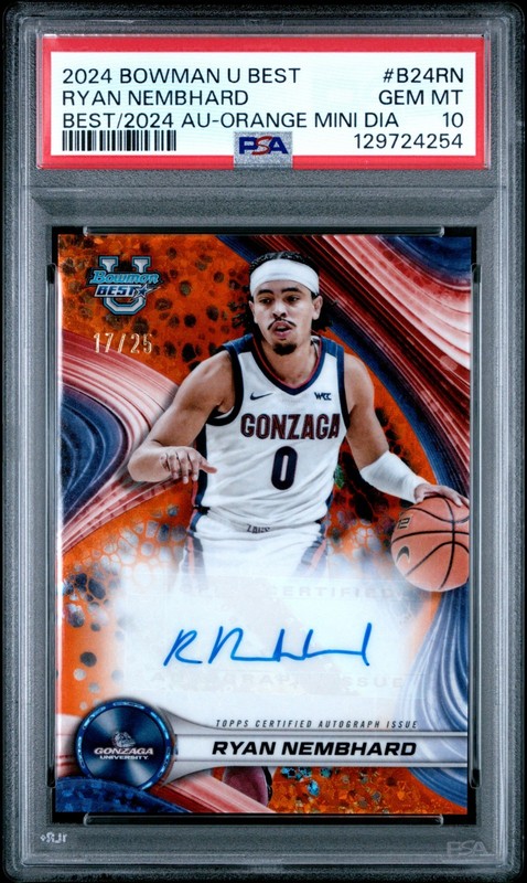 PSA 10 RYAN NEMBHARD #/25 Auto 2024 Bowman U Best of ORANGE MINI DIAMOND GONZAGA view 1