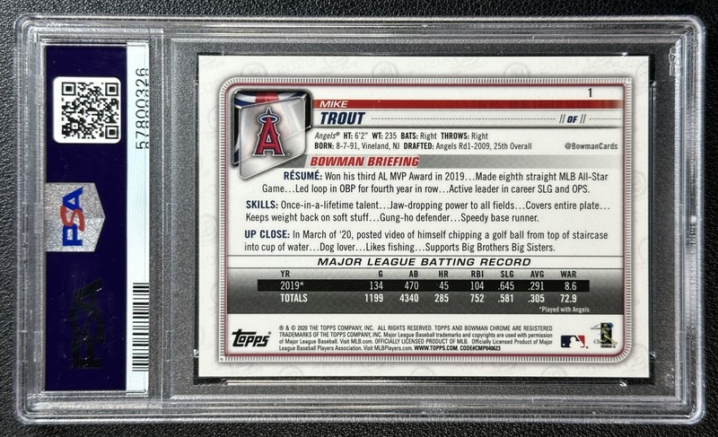 MIKE TROUT PSA 10 2020 BOWMAN CHROME #1 GOLD REFRACTOR 11/50 ANGELS view 2