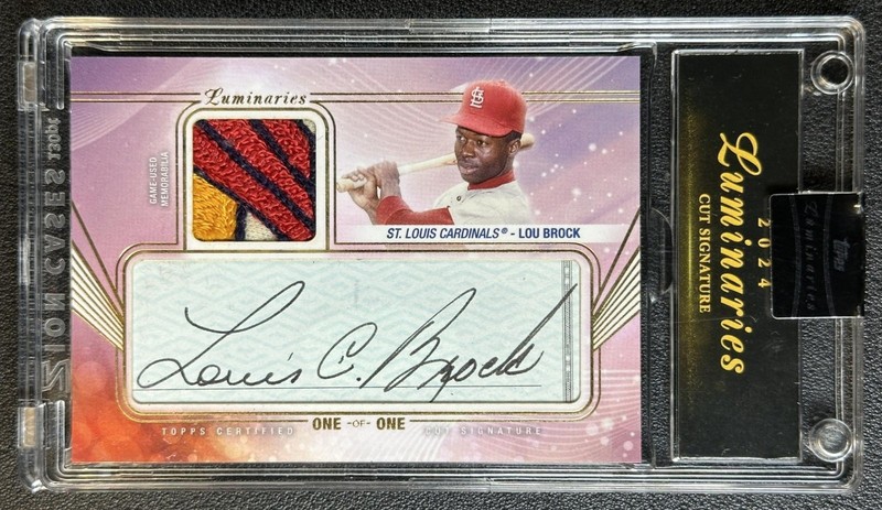 1/1 LOU BROCK 2024 TOPPS LUMINARIES #CSR-LB GAME-USED LOGO PATCH CUT AUTO 1/1