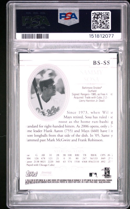 Sammy Sosa - 2005 Bowman Sterling Relic   PSA 9 view 2