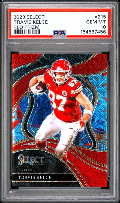 2023 Panini Select Travis Kelce #215 Red Prizm 15/49 PSA 10 view 1