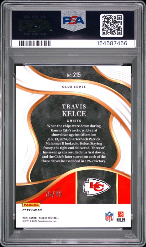 2023 Panini Select Travis Kelce #215 Red Prizm 15/49 PSA 10 view 2