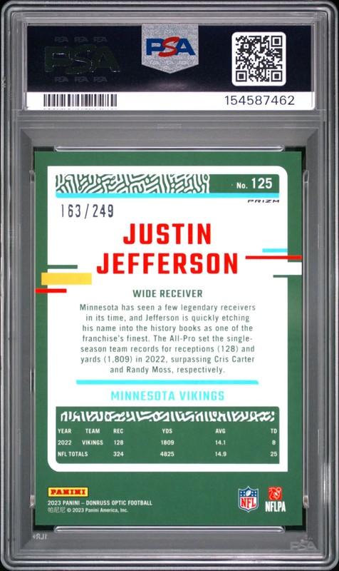 2023 Donruss Optic Justin Jefferson #125 Orange 163/249 PSA 10 view 2