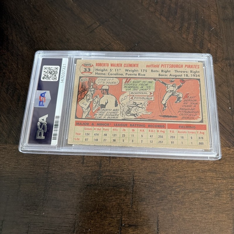 1956 Topps baseball Roberto Clemente Gray Back PSA 1 view 2