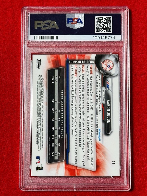 2017 Bowman Chrome #56 Aaron Judge Batting Rookie RC PSA 9 Mint view 2