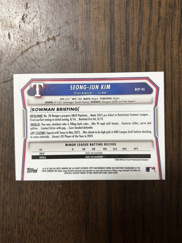 Seong Jun Kim Signed 2026 1st Bowman Chrome Auto Rangers Ohtani view 2