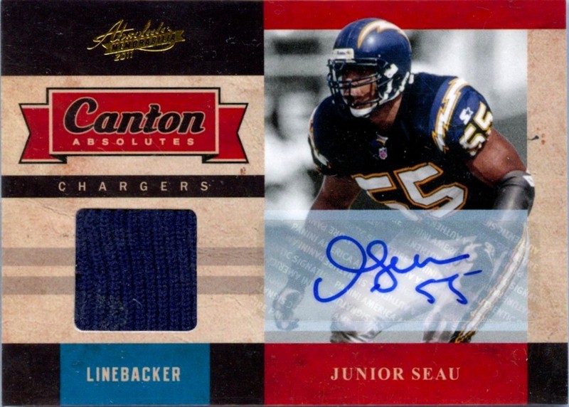 JUNIOR SEAU 2011 PANINI ABSOLUTE CANTON GAME USED PATCH AUTO SP 5/25 CHARGERS