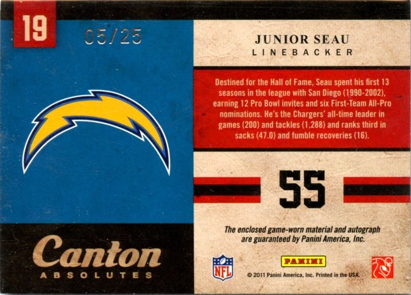 JUNIOR SEAU 2011 PANINI ABSOLUTE CANTON GAME USED PATCH AUTO SP 5/25 CHARGERS view 2