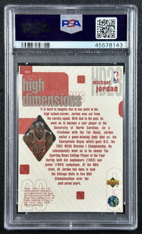 MICHAEL JORDAN PSA 9 1997-98 UPPER DECK #HD23 HIGH DIMENSIONS 418/2000 BULLS view 2