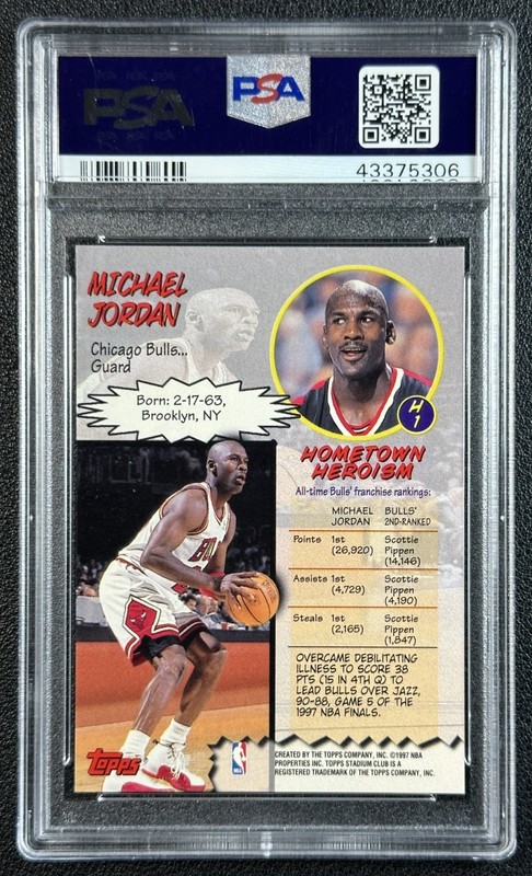 MICHAEL JORDAN PSA 9 1997-98 TOPPS STADIUM CLUB #H1 HARDCOURT HEROICS 5306 view 2