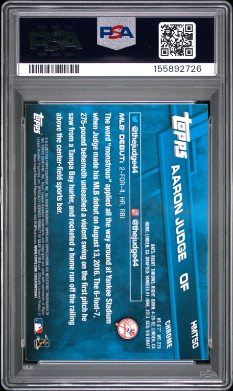 Aaron Judge 2017 Topps Chrome Update #HMT50 PSA 9 Mint view 2