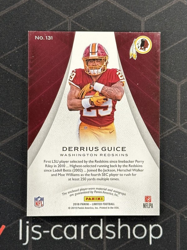2018 Panini Limited Derrius Guice RC #131 Rookie Patch Auto /149 RPA B1 view 2