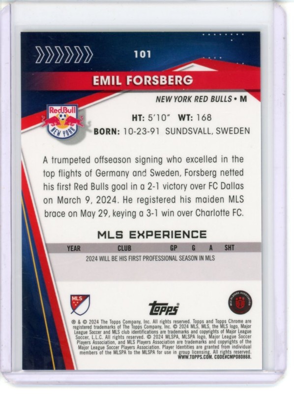 2024 TOPPS CHROME MLS SOCCER SAPPHIRE GOLD EMIL FORSBERG 49/50 view 2