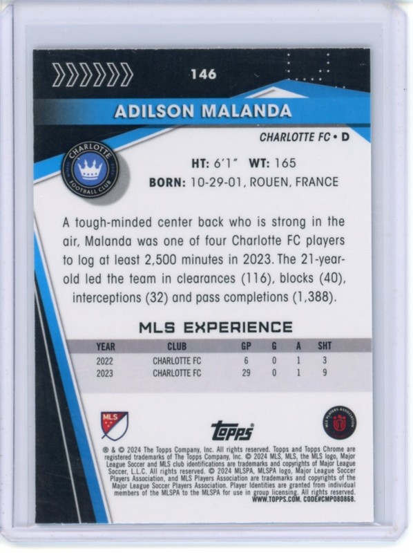 2024 TOPPS CHROME MLS SOCCER ROOKIE SAPPHIRE BASE ADILSON MALANDA #146 view 2