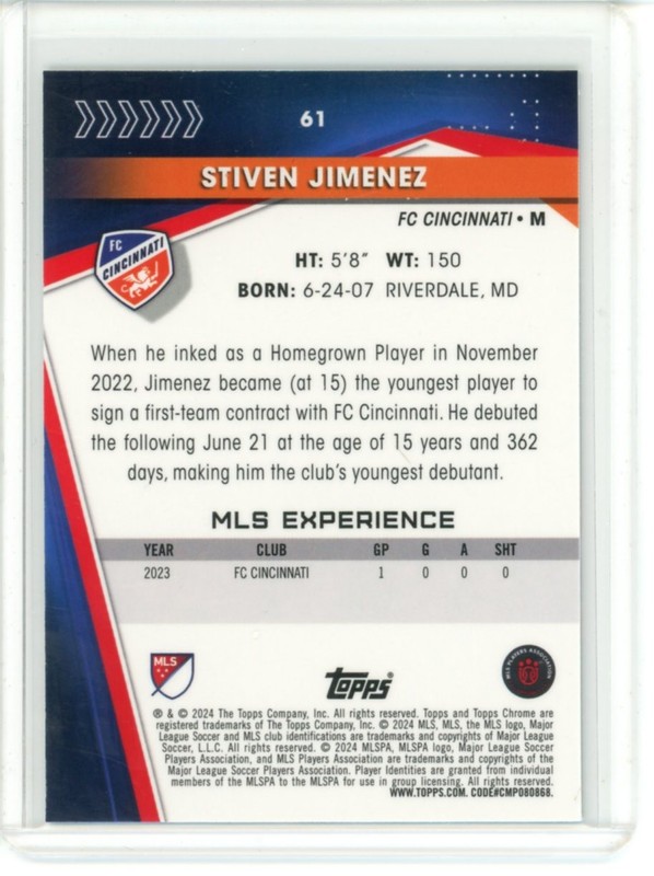 2024 TOPPS CHROME MLS SOCCER ROOKIE SAPPHIRE BASE STIVEN JIMENEZ #61 view 2