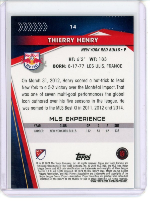 2024 TOPPS CHROME MLS SOCCER PHOTO VARIATION SAPPHIRE BASE THIERRY HENRY #14 view 2
