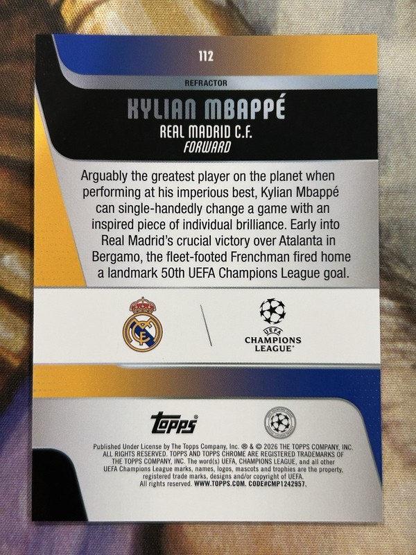 2025-26 Topps Chrome UEFA Kylian Mbappe Silver Refractor Real Madrid C.F. France view 2