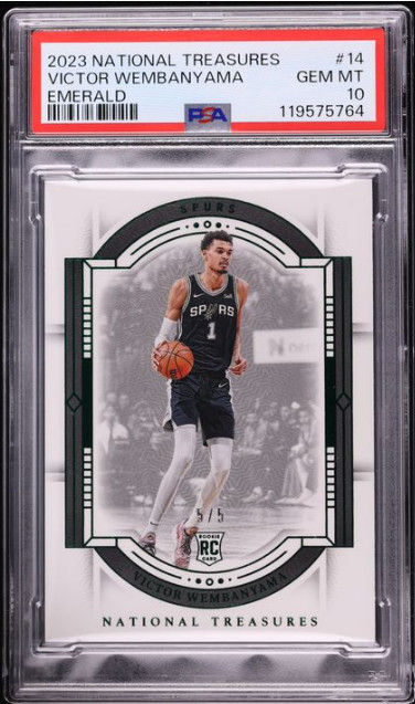 2023/24 NATIONAL TREASURES VICTOR WEMBANYAMA TRUE ROOKIE EMERALD /5 PSA 10 POP 1
