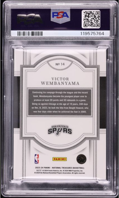 2023/24 NATIONAL TREASURES VICTOR WEMBANYAMA TRUE ROOKIE EMERALD /5 PSA 10 POP 1 view 2
