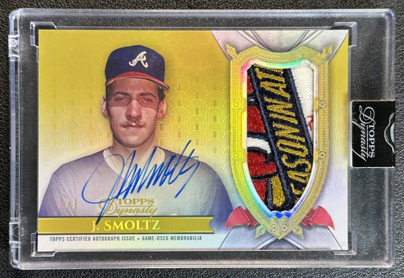 1/1 JOHN SMOLTZ 2024 TOPPS DYNASTY GAME-USED BRAVES LOGO PATCH AUTO GOLD 1/1