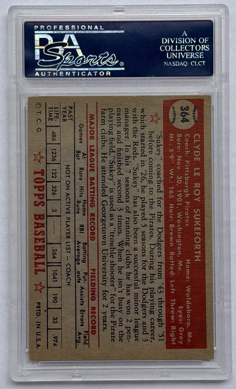 1952 Topps #364 Clyde Sukeforth PSA 5 EX view 2
