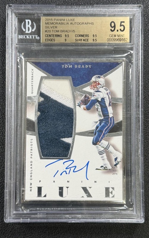 TOM BRADY BGS 9.5 2015 PANINI LUXE #20 SILVER GAME USED PATCH AUTO 3/5 PATRIOTS