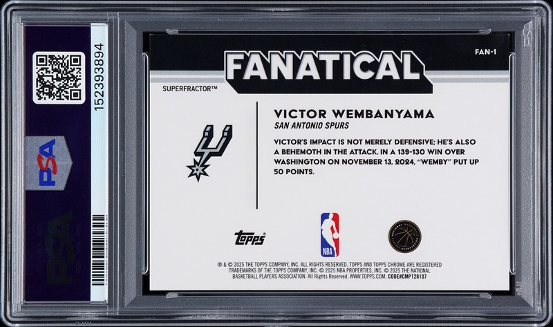 VICTOR WEMBANYAMA PSA 8 2025-26 TOPPS CHROME #FAN-1 FANATICAL SUPERFRACTOR 1/1 view 2