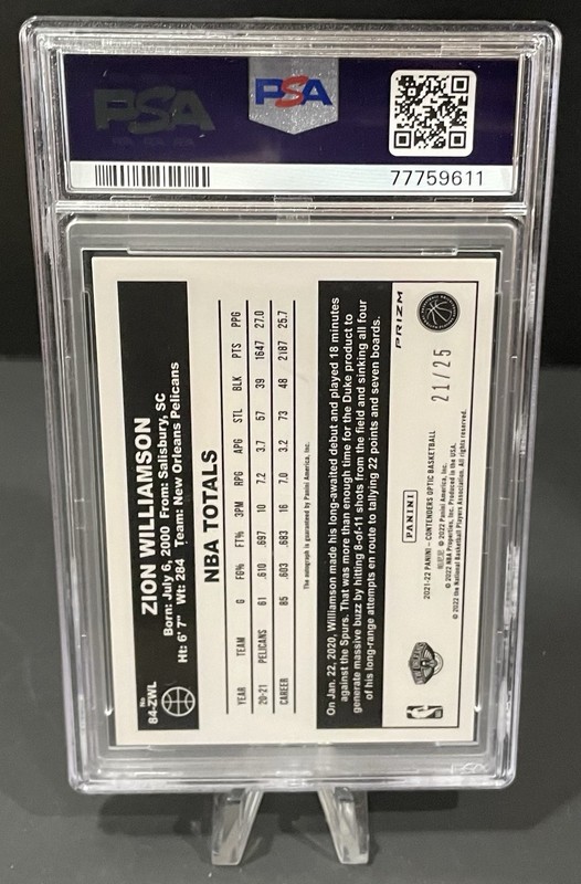 2021 CONTENDERS OPTIC ZION WILLIAMSON #84ZWL 1984 TRIBUTE AUTO BLUE /25 PSA 10 view 2