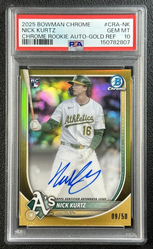 NICK KURTZ PSA 10 2025 BOWMAN CHROME #CRA-NK ROOKIE GOLD REFRACTOR AUTO RC 9/50