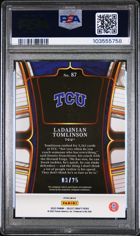 2023 Panini Select Draft Picks Tie-Dye Prizm Ladainian Tomlinson #87 /25 PSA 9 view 2