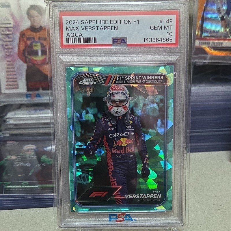 Topps 2024 Chrome Sapphire F1 Sprint Winners Max Verstappen #149 Aqua /99 PSA 10