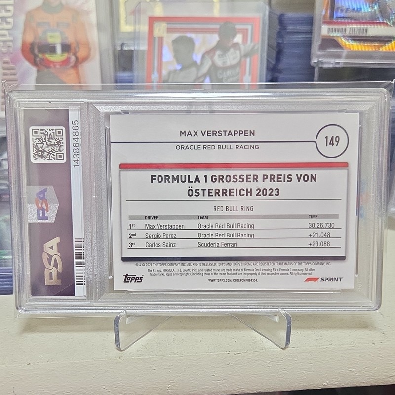 Topps 2024 Chrome Sapphire F1 Sprint Winners Max Verstappen #149 Aqua /99 PSA 10 view 2