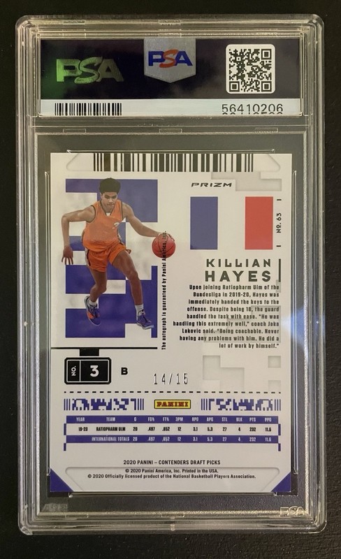 2020 Panini Contenders DP - Killian Hayes #63B Auto Blue Shimmer #/15 PSA 9 MINT view 2