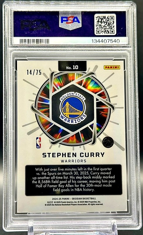 2024-25 Obsidian Stephen Curry Supernova Purple Flood /75 #10 PSA 9 MINT view 2