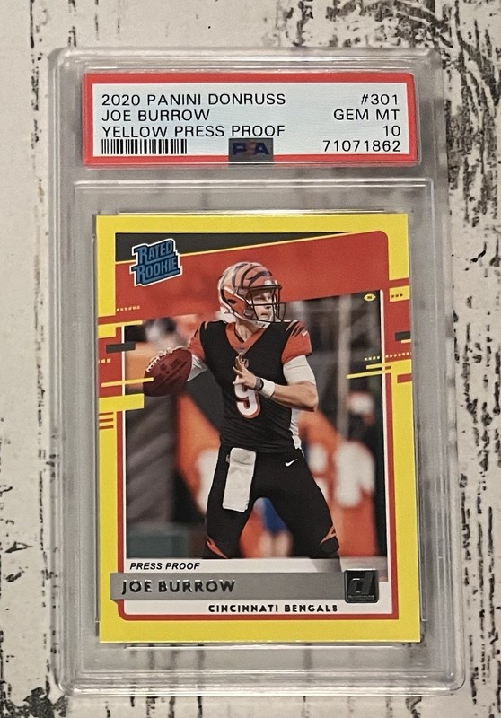 2020 DONRUSS #301 JOE BURROW RC Rookie YELLOW PRESS PROOF PSA 10 Gem Mint!