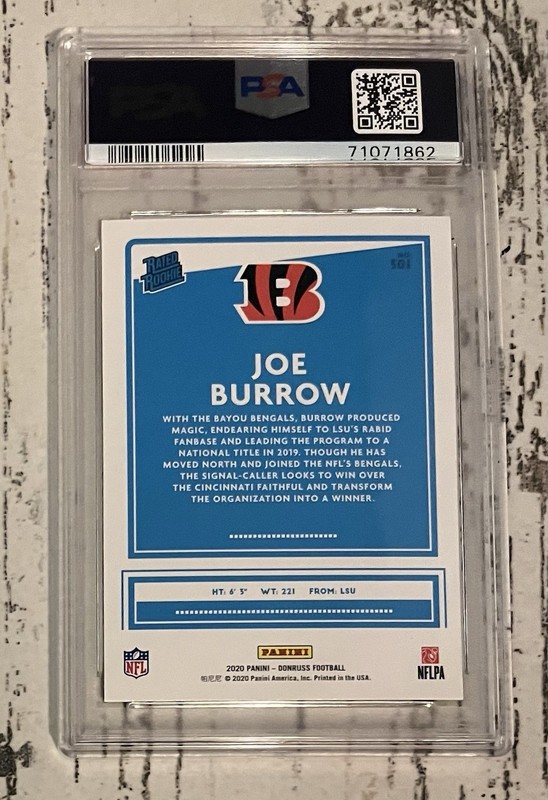 2020 DONRUSS #301 JOE BURROW RC Rookie YELLOW PRESS PROOF PSA 10 Gem Mint! view 2