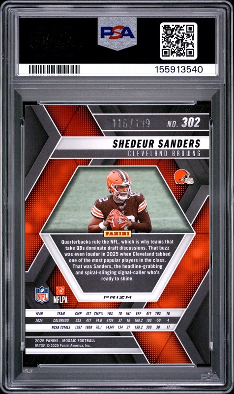 2025 Panini Mosaic #302 Shedeur Sanders Mosaic Orange PSA 10 #/199 view 2