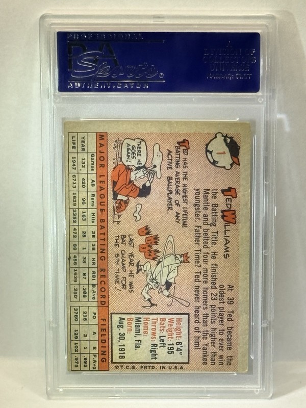Topps 1958 Ted Williams #1 PSA 4 VG-EX Graded Boston Red Sox Baseball view 2