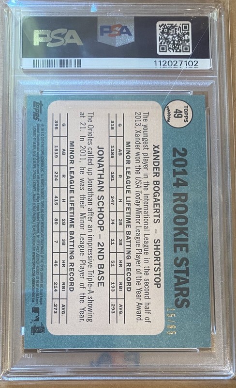 2014 Topps Heritage Chrome Xander Bogaerts Black Refractor 15/65  #49 PSA 9 view 2