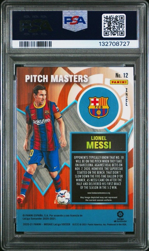 2020-21 Panini Mosaic La Liga Pitch Masters Lionel Messi #12 Mosaic PSA 10 view 2