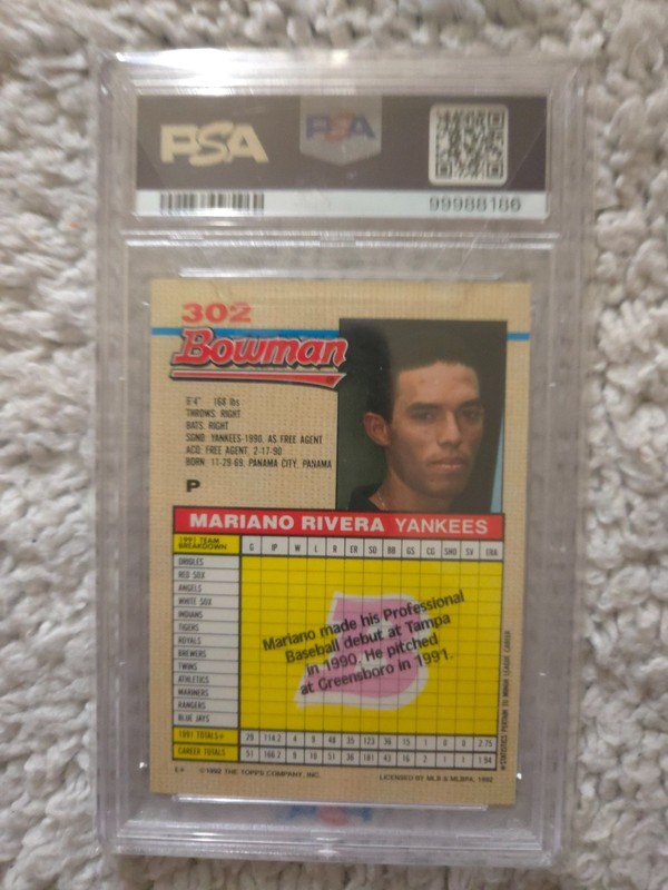 1992 Bowman Mariano Rivera Rookie PSA9 view 2