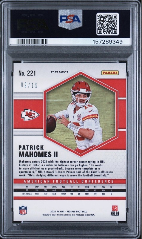 2021 Mosaic Patrick Mahomes Blue Flourescent /15 Psa 9🔥 view 2